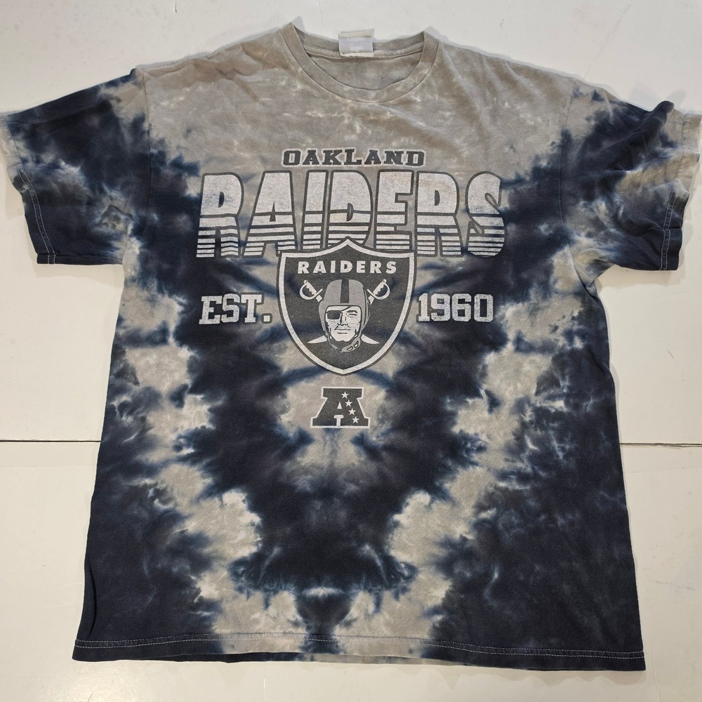 NFL Team Apparel Oakland Raiders Tie Dye T-Shirt Grey Black Est 1960 Mens Medium